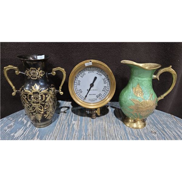 Brass Decor Lot: 2 Vases + Pressure Gage