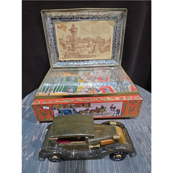 1986 Schmidt Metal Hing Lidded Tin + Vintage Coasters + Wooden Toy Car