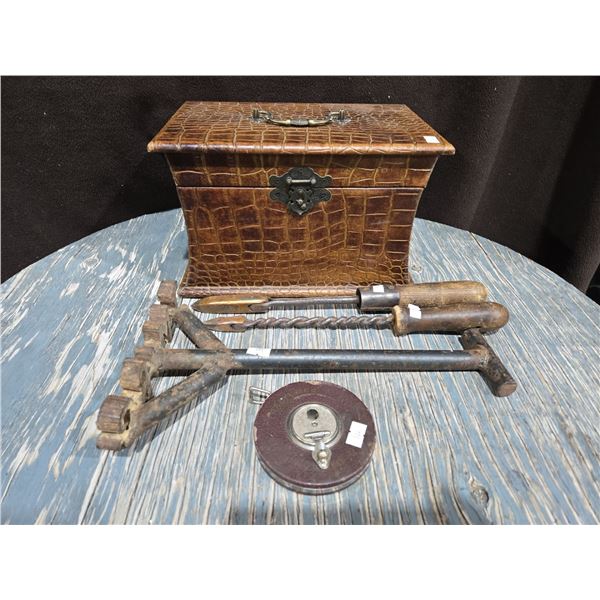 Wooden Case + Vintage Tape Measure, Branding Tool + 2 Small Fire Pokers