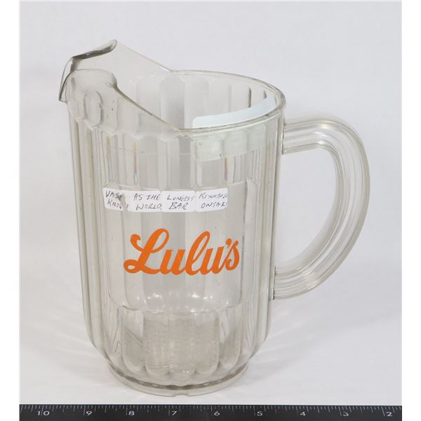 VINTAGE PLASTIC BEER JUG FROM “LULU’S” KITCHENER