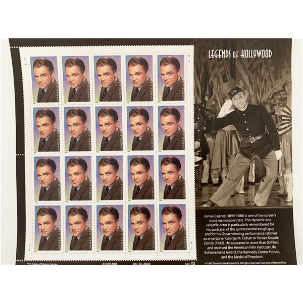 James Cagney: Legends of Hollywood, Full Sheet of 20 x 33-Cent Postage Stamps, USA 1999, Scott 3329