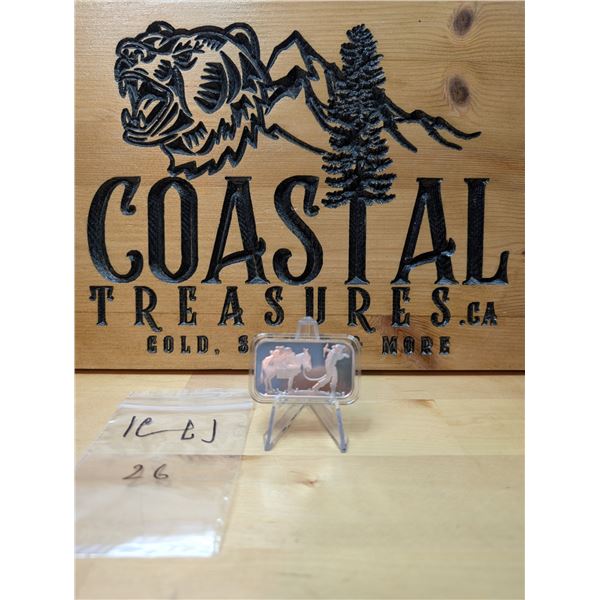 Lot 26-1) 1 oz Old timey miner and mule silver bar