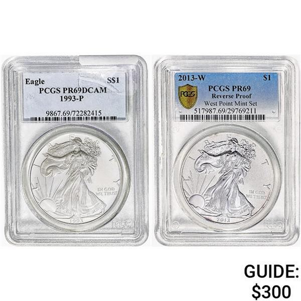 1993-P - 2013-W [2] $1 ASE 1 OZ PCGS PR69 DCAM, RP