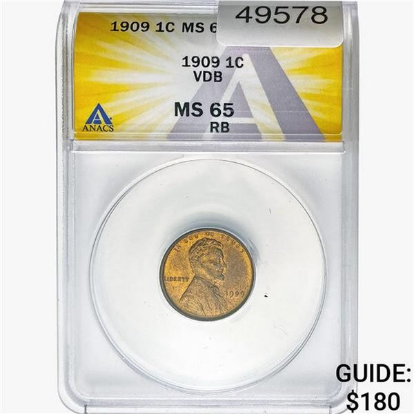 1909 VDB Wheat Cent ANACS MS65 RB