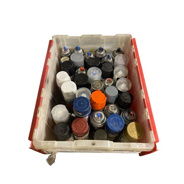 Bin of assorted spray paint cans