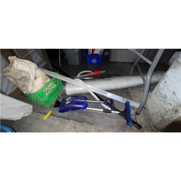 Large group of misc. - includes plastic drum pump/Snow Shovel Brush/shovel/chains etc.