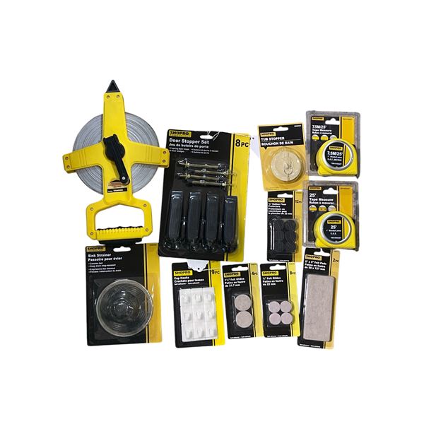 Shelf of New ShopPro tools - includes Door Stopper Set/River Floor protector/Stop Stopper etc.