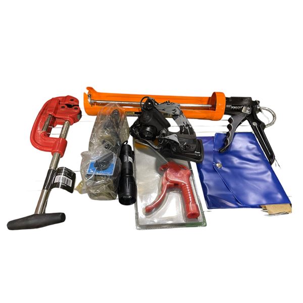 Shelf of New ShopPro tools - includes contractor calk gun/Extension glow gun etc.