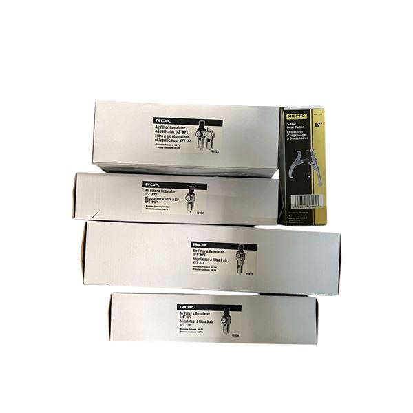 Group of 5 New - includes ROK air Filter Regulator and Lubricator/3 jaw gear Puller 6 inch etc.