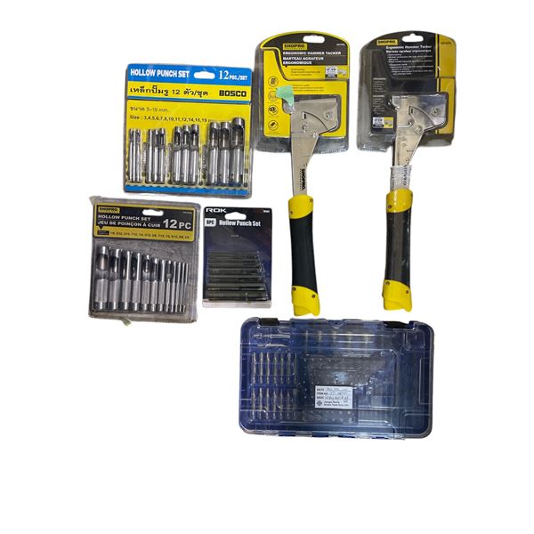 Shelf of assorted NEW tools - includes 2 SHOPRO ergonomic hammer tacker / ROK hollow punch set etc