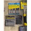 Image 2 : Shelf of assorted NEW tools - includes 2 SHOPRO ergonomic hammer tacker / ROK hollow punch set etc