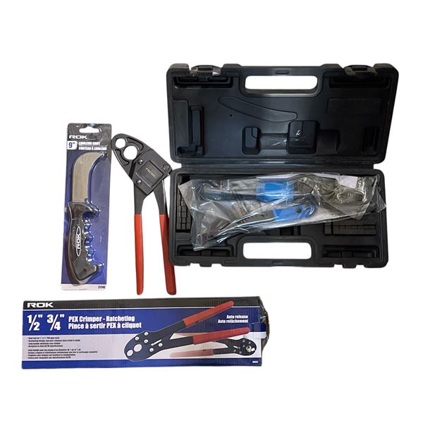 Group of 4 NEW ROK tools - includes crimping tool hydraulic / pex crimper ratcheting / linoleum knif