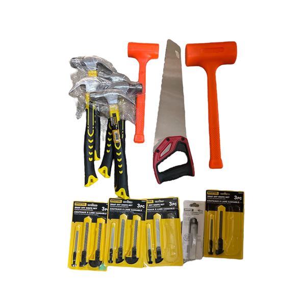 Group of assorted NEW tools - includes snap off knife set / 16oz claw hammer / deadblow hammer / han