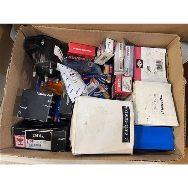 Box of assorted parts - includes spark plug / wire harness / Bosch spark plugs etc