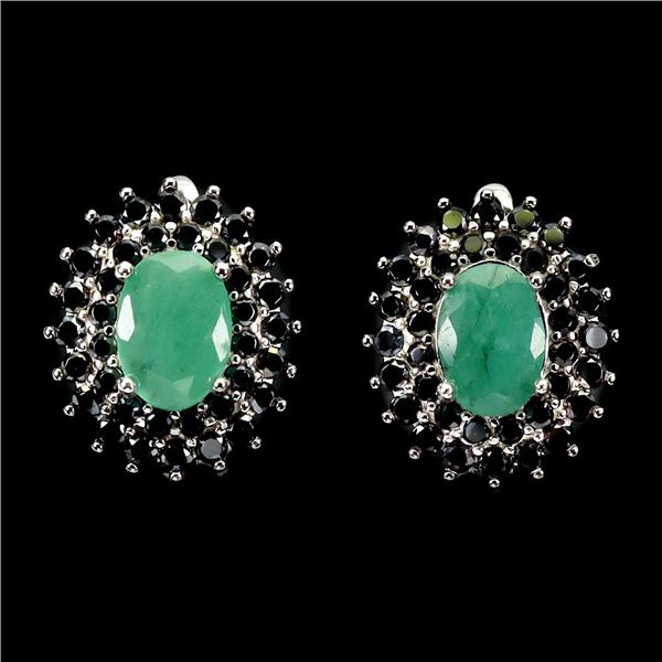 EMERALD and BLACK SPINEL EARRINGS in 14K White Gold plated 925 Sterling Silver â€“