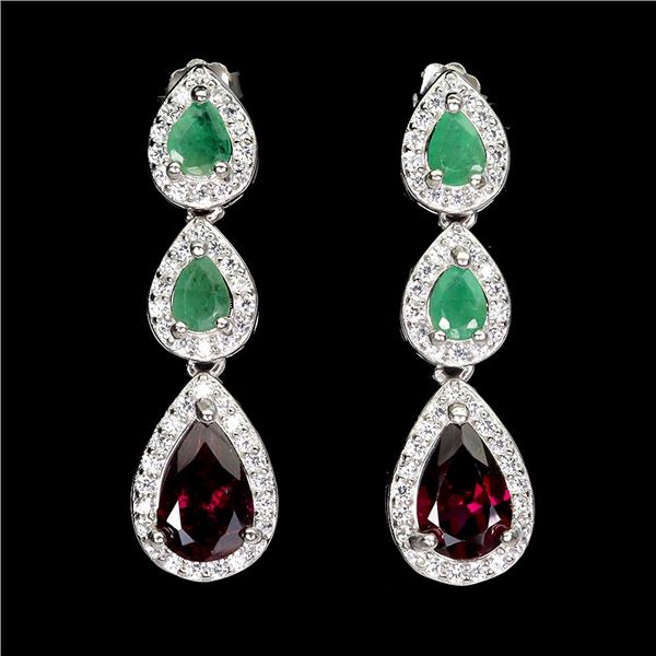 EMERALD and RHODOLITE GARNET EARRINGS in 14K White Gold plated 925 Sterling Silver â€[x=#82