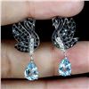 Image 2 : Swan Shaped SKY BLUE TOPAZ and Valuable BLACK SPINEL EARRINGS in 2-Tone Black Rhodium and 14K White 