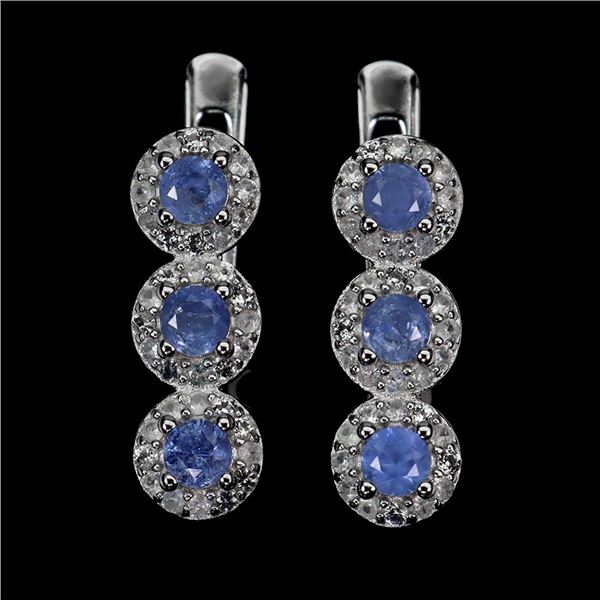 Myanmar BLUE SAPPHIRE EARRINGS in 14K White Gold plated 925 Sterling Silver â€“ Ap