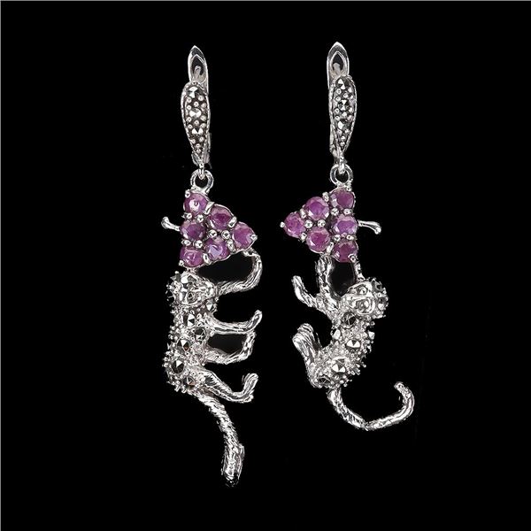 Monkey Shaped RUBY and MARCASITE EARRINGS in 14K White Gold plated 925 Sterling Silver â€[x