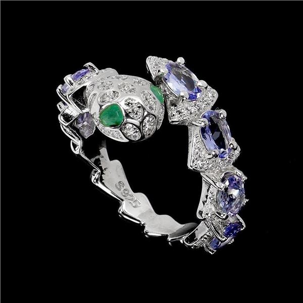 Cobra Shaped Unheated EMERALD and TANZANITE Ring in 14K White Gold plated 925 Sterling Silver â[x=#8