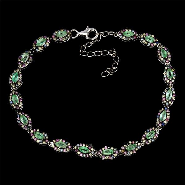 EMERALD and SAPPHIRE BRACELET in 2-Tone Black Rhodium and 14K White Gold plated 925 Sterling Silver 