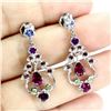 Image 2 : RHODOLITE GARNET, AMETHYST, PERIDOT and TANZANITE EARRINGS in 14K White Gold plated 925 Sterling Sil