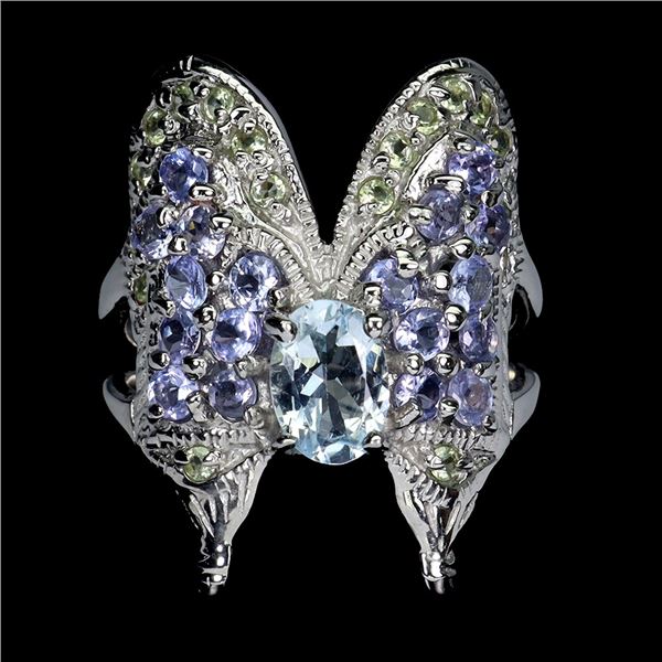 Big AQUAMARINE and TANZANITE RING in 14K White Gold plated 925 Sterling Silver â€“