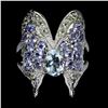 Image 1 : Big AQUAMARINE and TANZANITE RING in 14K White Gold plated 925 Sterling Silver â€“