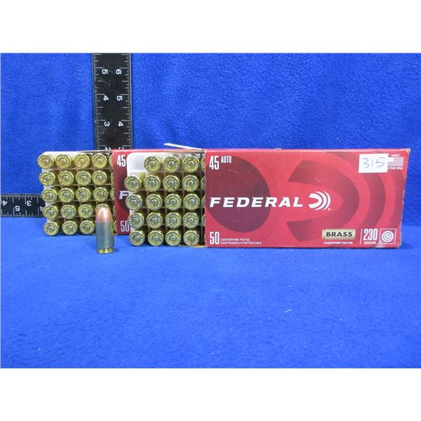 45 Auto 230gr FMJ RN Federal Cartridges - 2 Boxes of 50