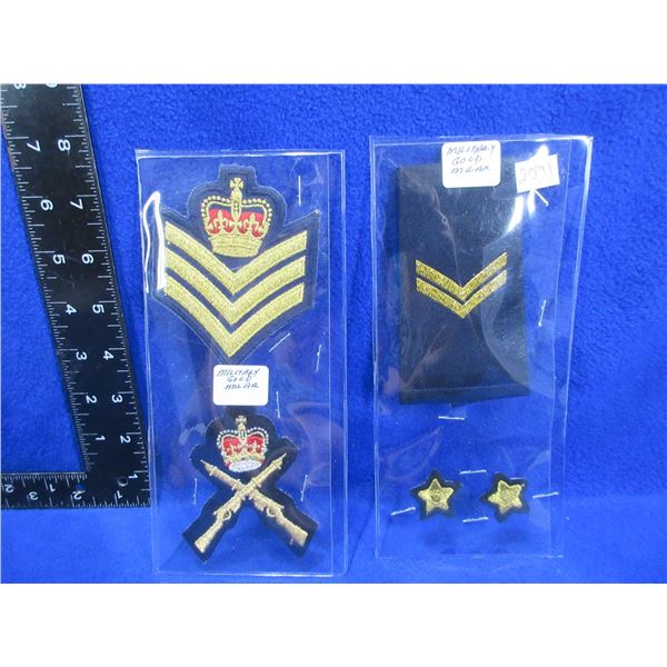 2 Military Gold Mylar Chevrons and 3 Badges