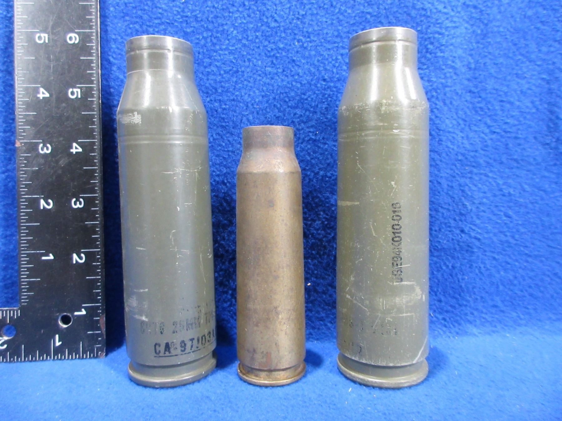 3 Military Shell Casings - 2 x 25MM, 1 x 20MM