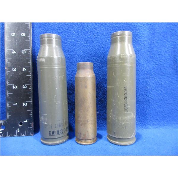 3 Military Shell Casings - 2 x 25MM, 1 x 20MM