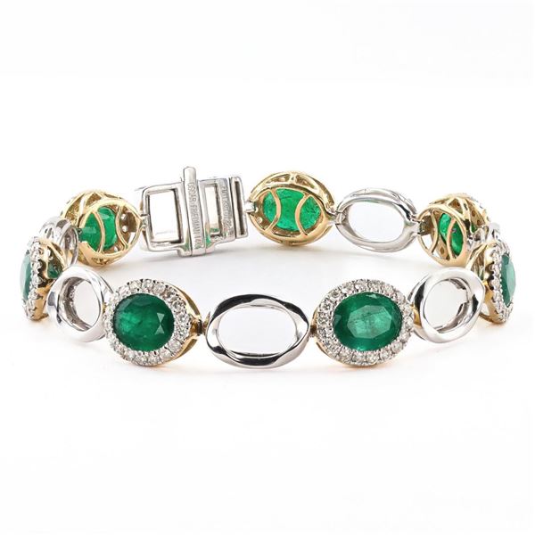 11.83 ctw Emerald and 1.82 ctw Diamond 14K White and Yellow Gold Bracelet