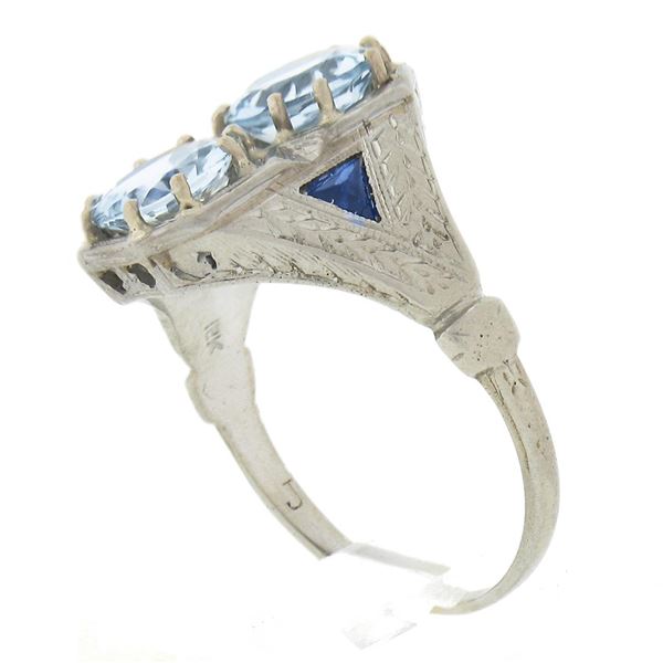 Antique Art Deco 18K Gold Moi et Toi Aquamarine & Sapphire Wheat Engraved Ring