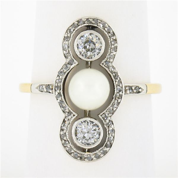 Antique Edwardian 14K Gold & Platinum European Diamond & 5.9mm Pearl Dinner Ring
