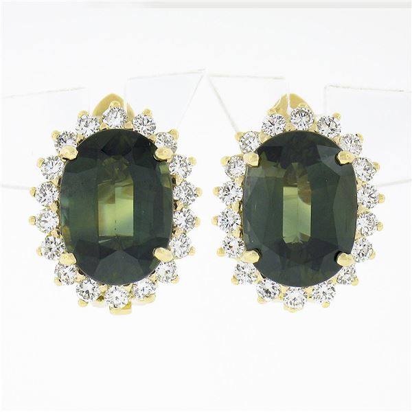 Estate 14K Gold 8.18 ctw GIA NO HEAT Oval Green Sapphire & Diamond Halo Earrings