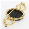 Image 6 : Vintage 14k Yellow Gold Black Onyx Floral Mosaic Sapphire and Pearl Brooch Pin