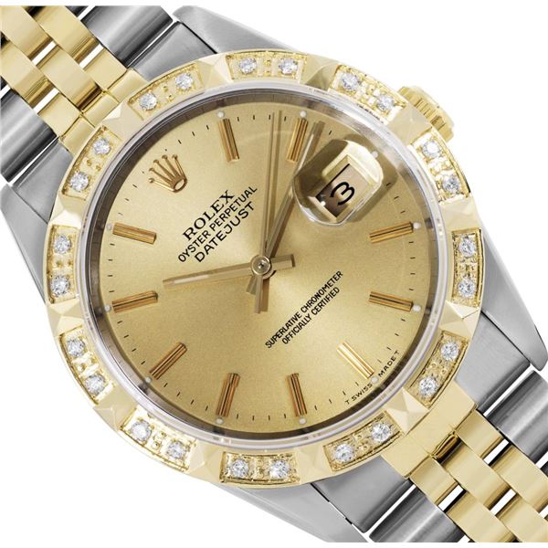Rolex Mens Two Tone Champagne Index Dial 18K Yellow Gold Pyramid Diamond Bezel W