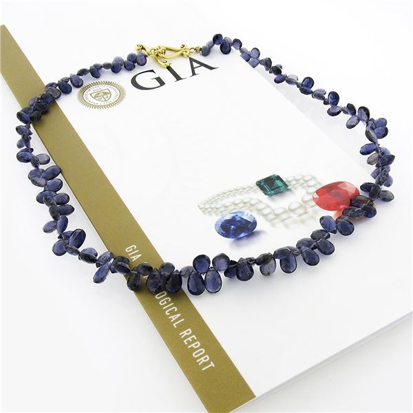 Vintage GIA Tear Drop Briolette Iolite Strand Necklace w/ 18k Gold Toggle Clasp