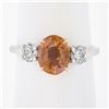 Image 2 : Platinum & 14K Gold AGL Ceylon Orange Sapphire & Diamond 3 Stone Engagement Ring