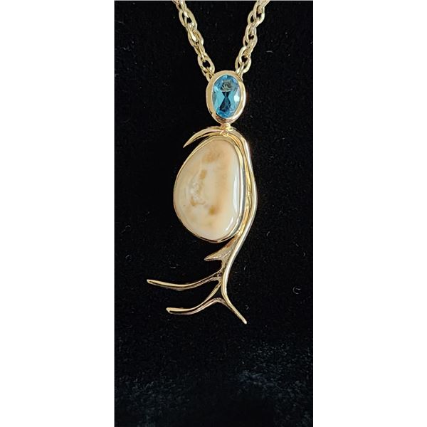 Custom 14kt Blue Topaz Elk Ivory Pendant