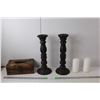 Image 1 : Wooden Facial Tissue Box Case, Pair of Wooden Candlestick Holders 15" Tall, (2) Candles