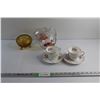 Image 1 : Amber Glass Candy Dish, Glass Pitcher and Silver Wedding Anniversary "Duchess" Gillian Tea Cups with