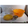 Image 1 : Large Plastic Jar, Beverage Dispenser, Plastic Platter, Metal Bowl and Large Plastic Bucket