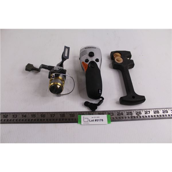 Rapala Rap SX4i Fishing Reel, Duracell Crank Light with AM/FM Radio, Knife Sharpener