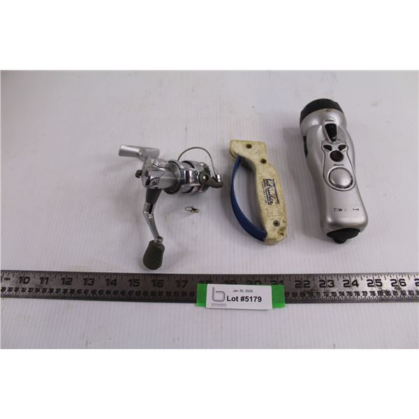 Rapala Rap IRC30 Fishing Reel, Duracell Crank Light with AM/FM Radio, Knife Sharpener