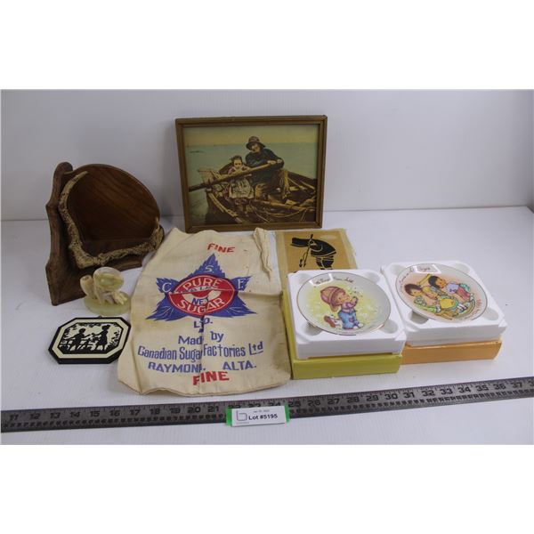 Wooden Corner Shelf - As is, Framed Wall Art "Rookie Fisherman" 11" x 9", (2) Avon Mother's Day Cera