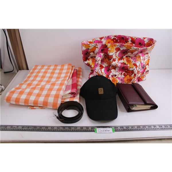 (3) Table Cloths - Largest 62" x 44", Kristine Shoulder Bag, Weight Watchers Binder, Vintage Leather