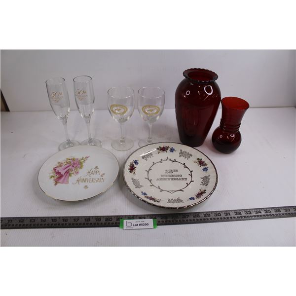 Pair of Red Glass Vases, Pair of "Moose Jaw" Wine Glasses, Pair of 50th Anniversary Champagne Flutes