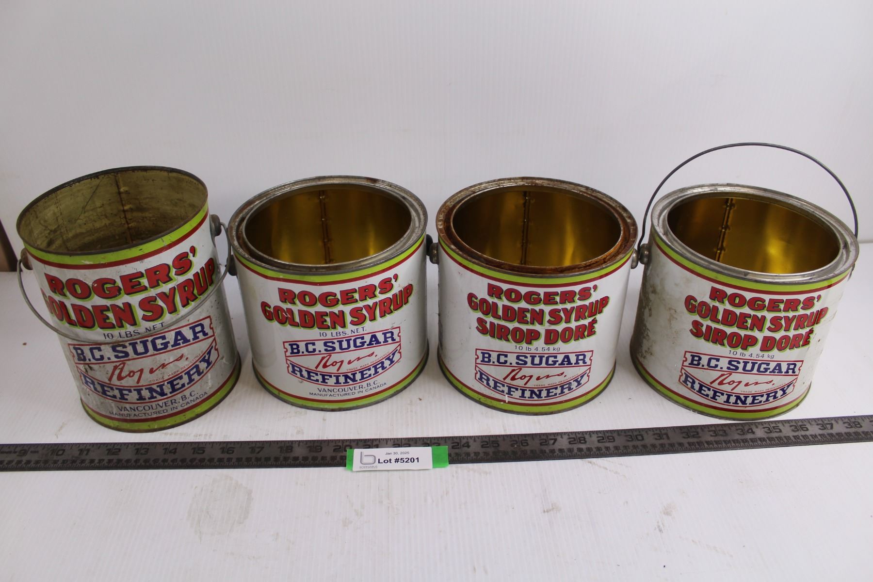 Empty Syrup (4) Vintage Rogers Golden Syrup Tins (Empty) - Bodnarus Auctioneering